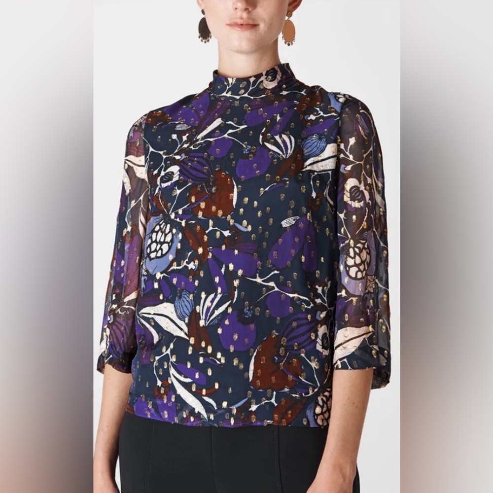 Whistles Purple Floral Metallic Dot Blouse - Picture 8 of 10